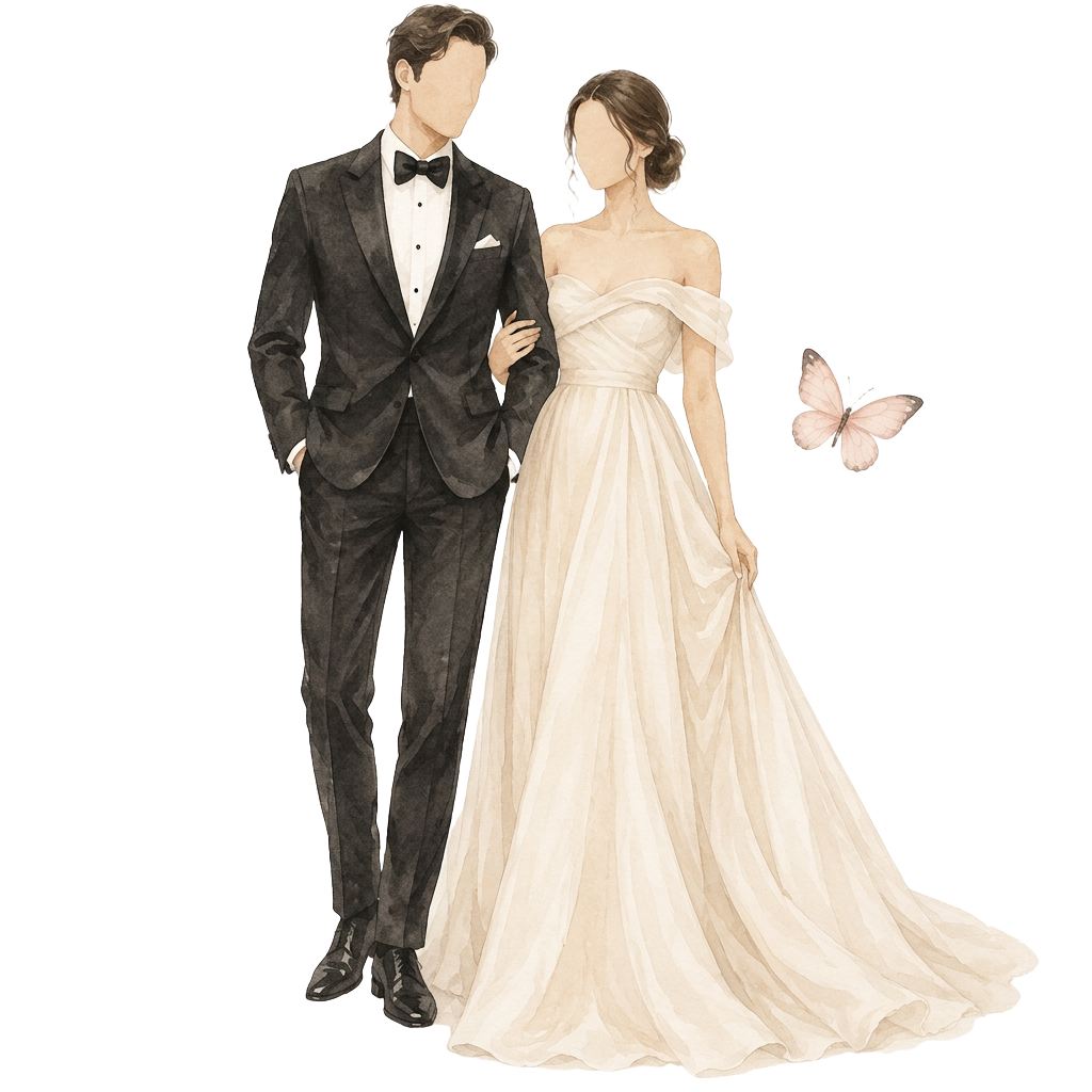 Avatar de vestuario: hombre con smoking negro y mujer con vestido largo de gala